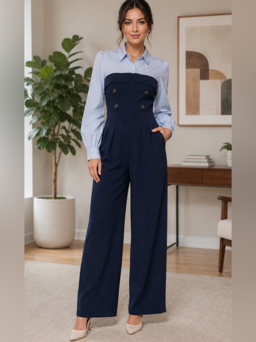 NWOT Sophisticated Two-Tone Wide-Leg Jumpsuit Navy and White Small